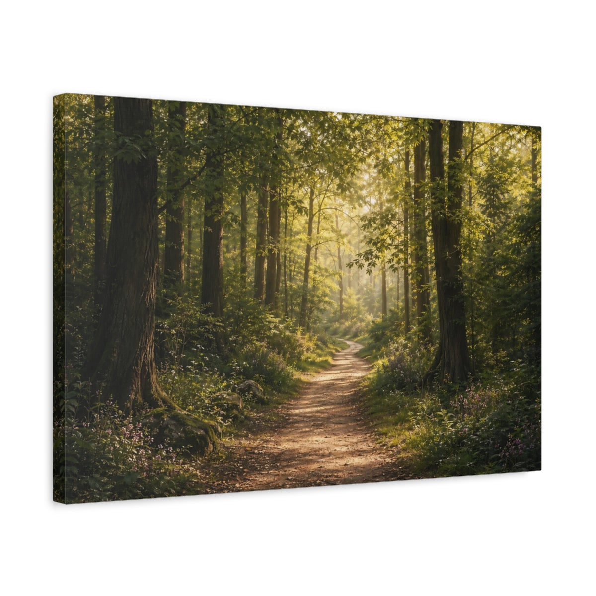 Side Mockup 3. Nature Forest Path Sunlit Forest Path shown as stretched canvas wall art