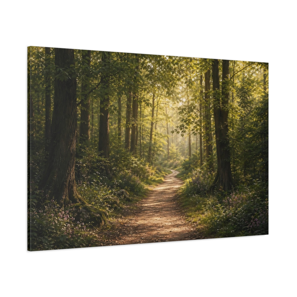 Side Mockup 1. Nature Forest Path Sunlit Forest Path shown as stretched canvas wall art