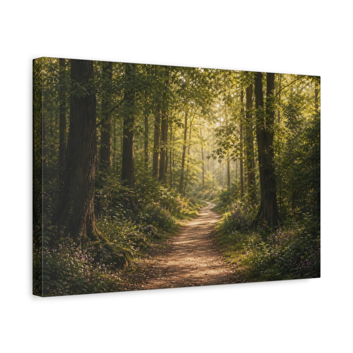 Side Mockup 4. Nature Forest Path Sunlit Forest Path shown as stretched canvas wall art
