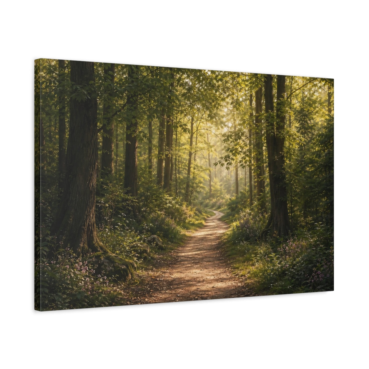 Side Mockup 2. Nature Forest Path Sunlit Forest Path shown as stretched canvas wall art