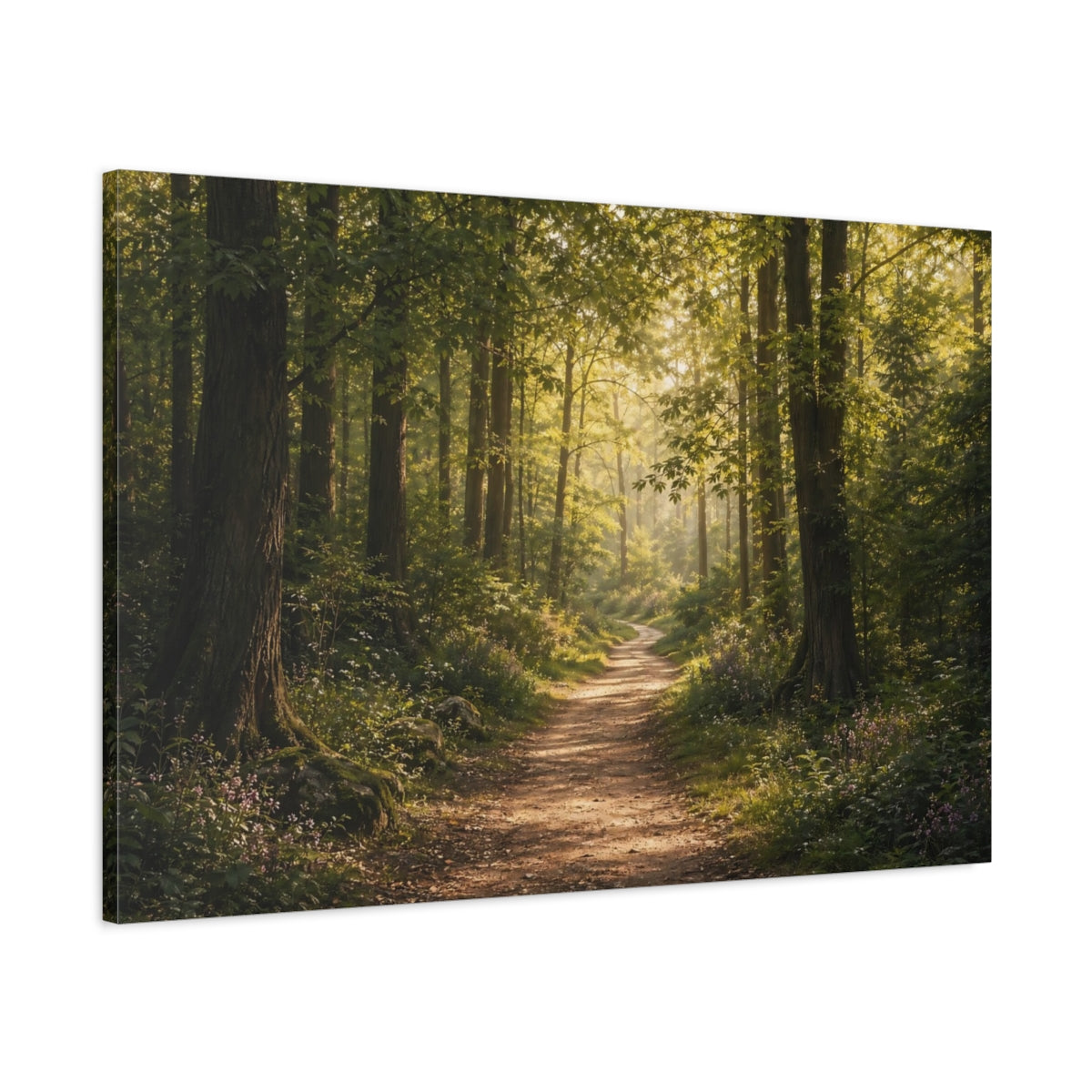 Main Mockup. Nature Forest Path Sunlit Forest Path shown as stretched canvas wall art