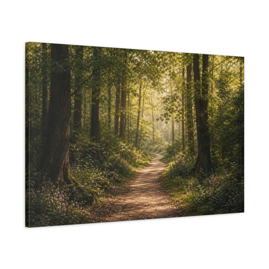 Main Mockup. Nature Forest Path Sunlit Forest Path shown as stretched canvas wall art