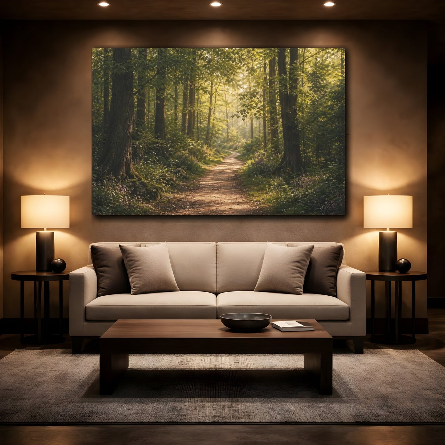 Mockup 2. Nature Forest Path Sunlit Forest Path shown as stretched canvas wall art