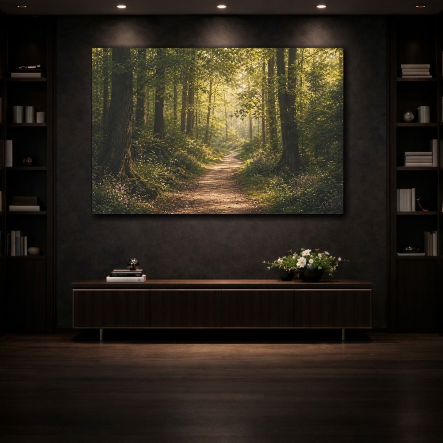 Mockup 3. Nature Forest Path Sunlit Forest Path shown as stretched canvas wall art