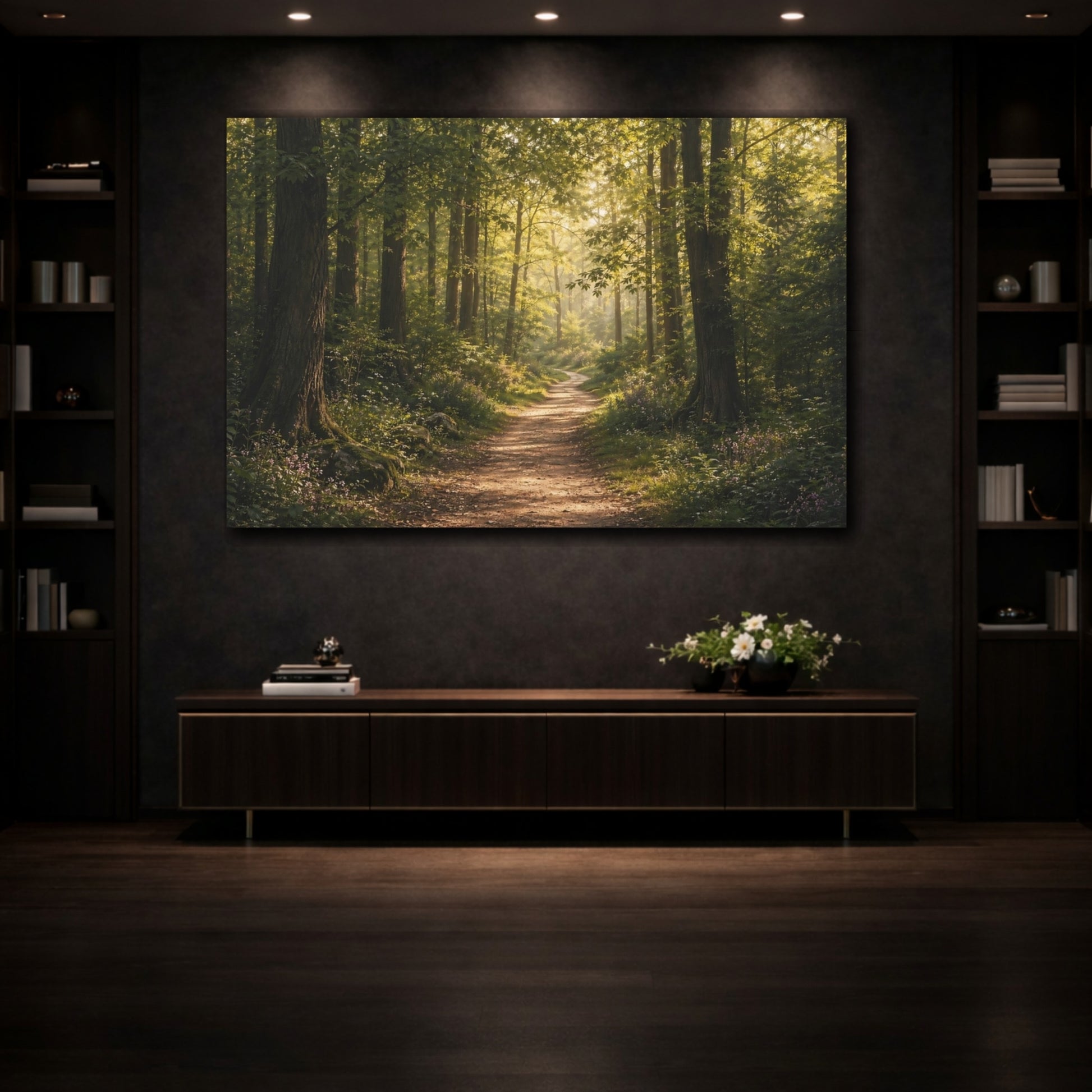 Mockup 3. Nature Forest Path Sunlit Forest Path shown as stretched canvas wall art