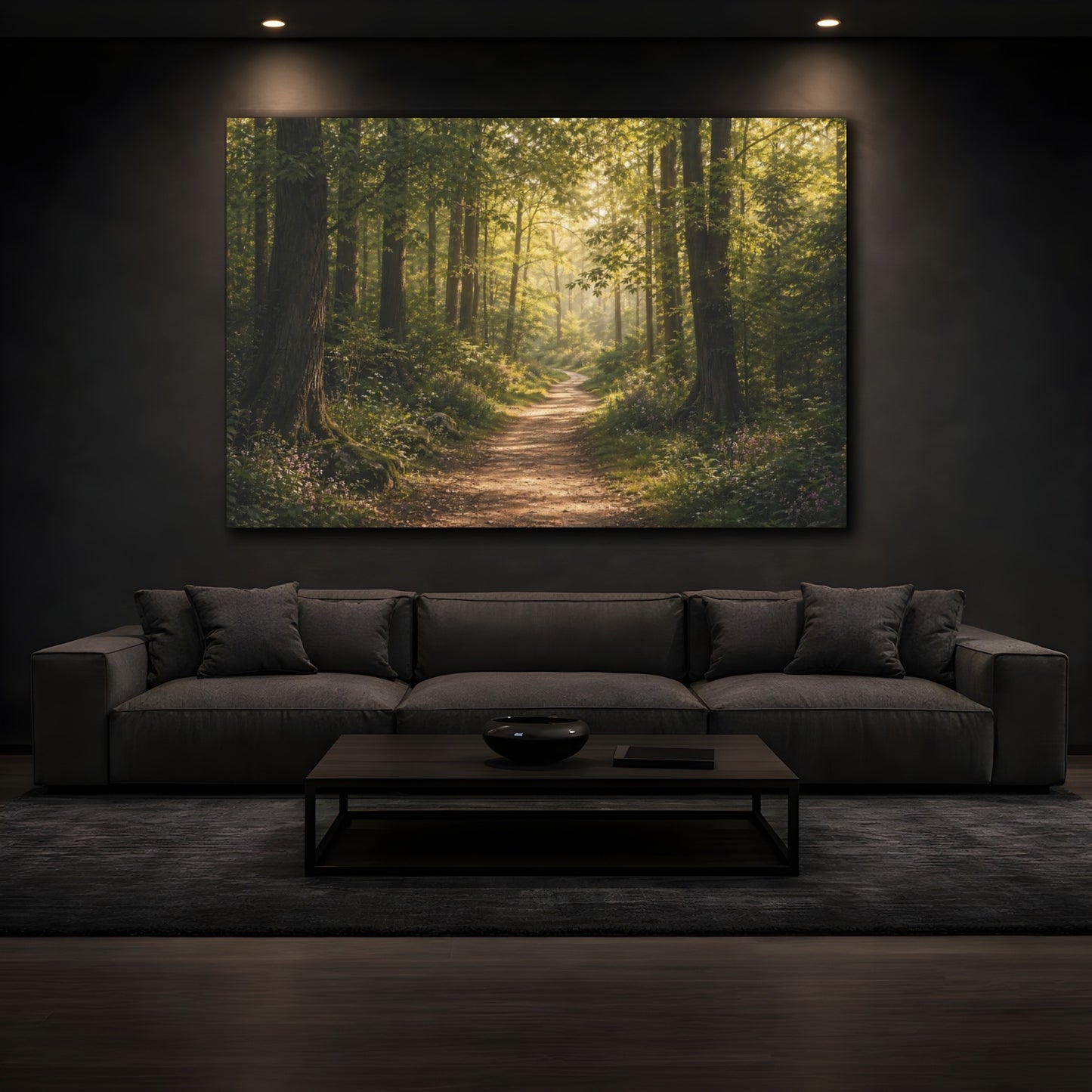 Mockup 4. Nature Forest Path Sunlit Forest Path shown as stretched canvas wall art
