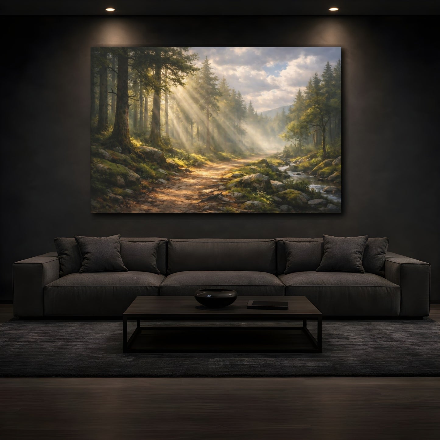 Mockup 2. Nature Forest Path Sunlit Forest shown as stretched canvas wall art