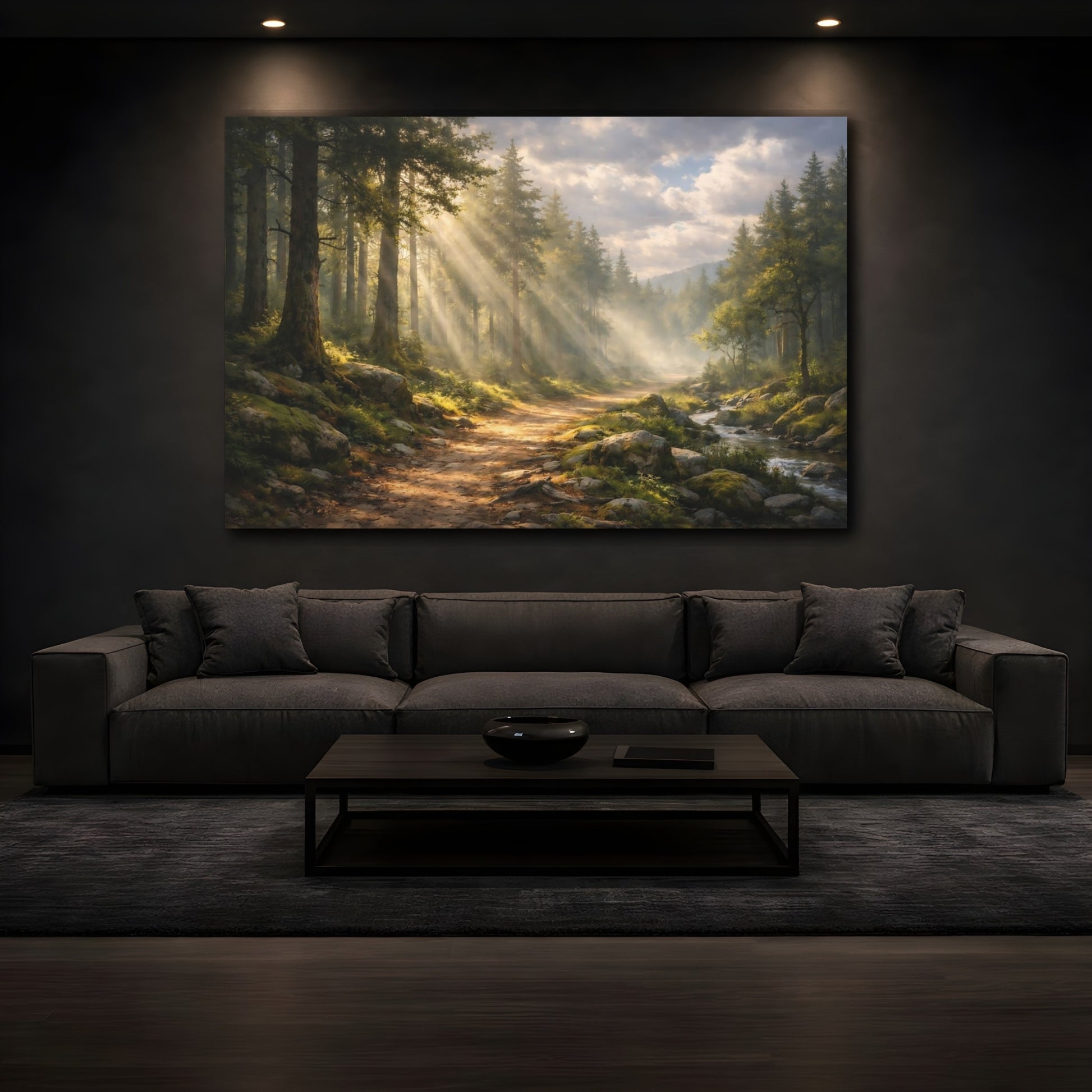 Mockup 2. Nature Forest Path Sunlit Forest shown as stretched canvas wall art