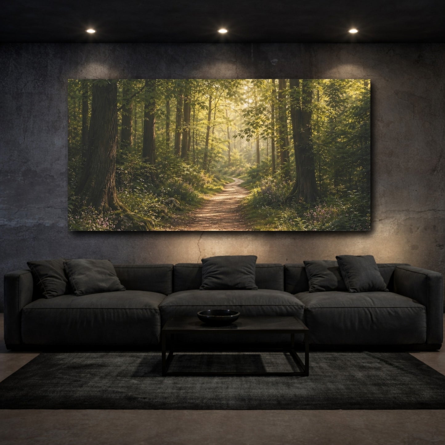 Mockup 2. Nature Forest Path Sunlit Forest shown as stretched canvas wall art