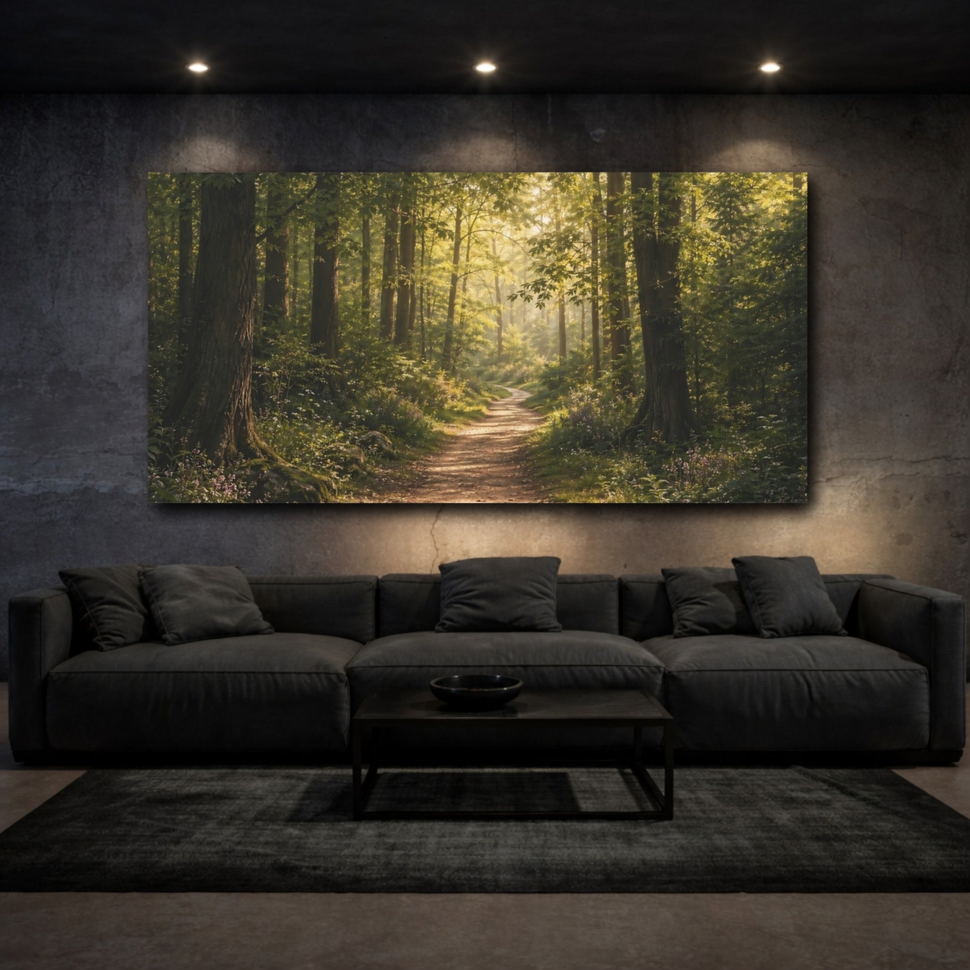 Mockup 2. Nature Forest Path Sunlit Forest shown as stretched canvas wall art