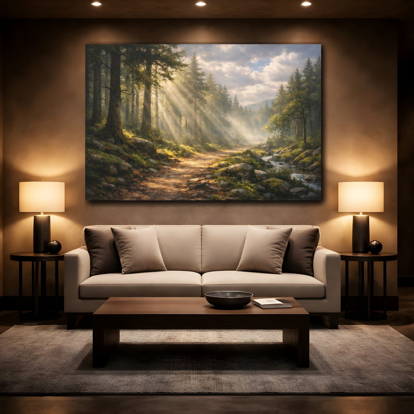 Mockup 3. Nature Forest Path Sunlit Forest shown as stretched canvas wall art