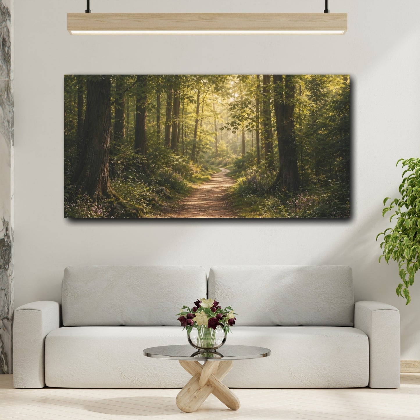 Mockup 3. Nature Forest Path Sunlit Forest shown as stretched canvas wall art
