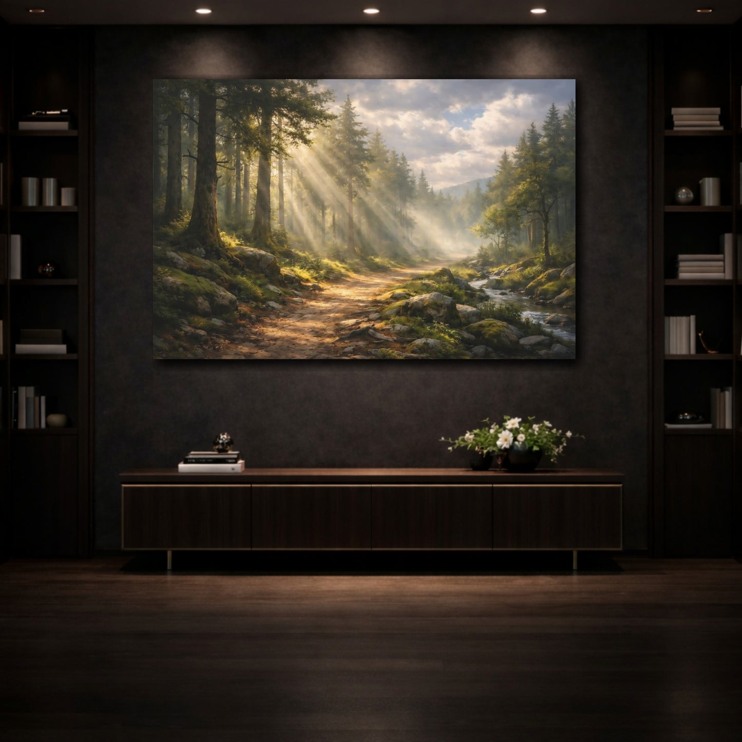 Mockup 4. Nature Forest Path Sunlit Forest shown as stretched canvas wall art