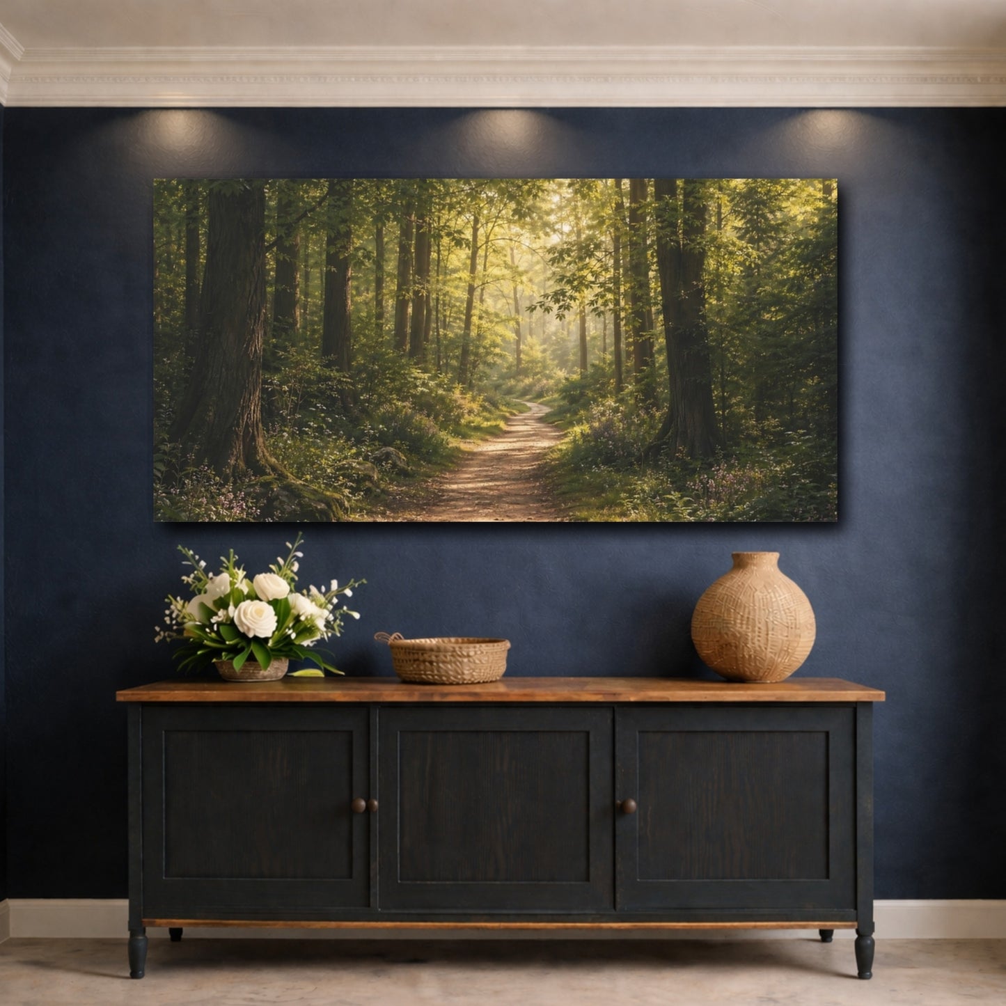 Mockup 4. Nature Forest Path Sunlit Forest shown as stretched canvas wall art
