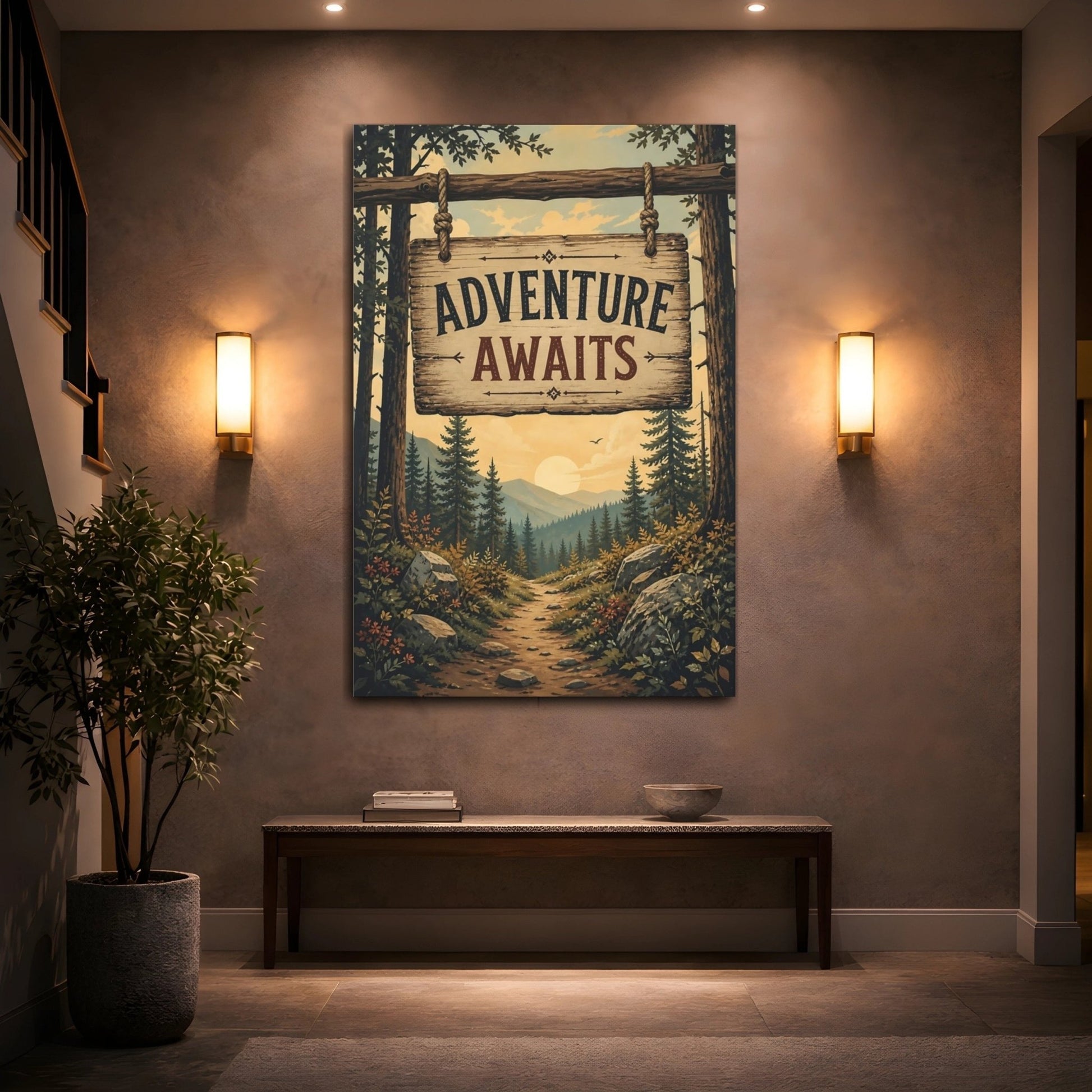 Nature Forest Path Sunset Canvas Print – Living Room, Above Sofa, Earthy Tones - YesArtYes