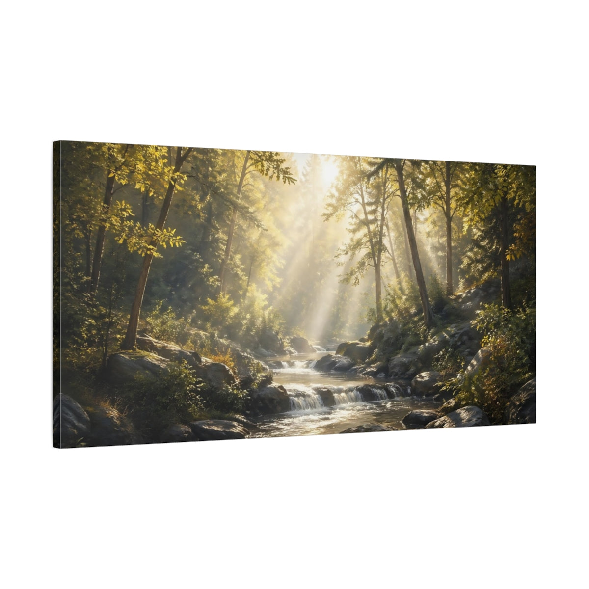 Main Mockup. Nature Forest River Golden Forest Stream shown as stretched canvas wall art