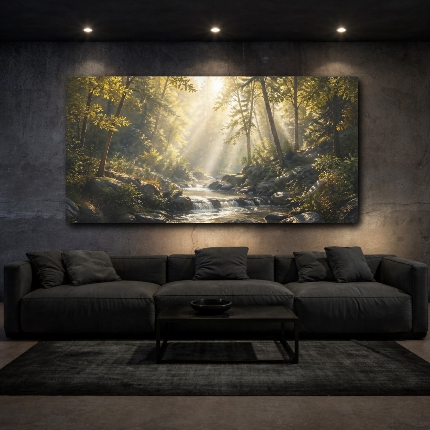 Mockup 2. Nature Forest River Golden Forest Stream shown as stretched canvas wall art
