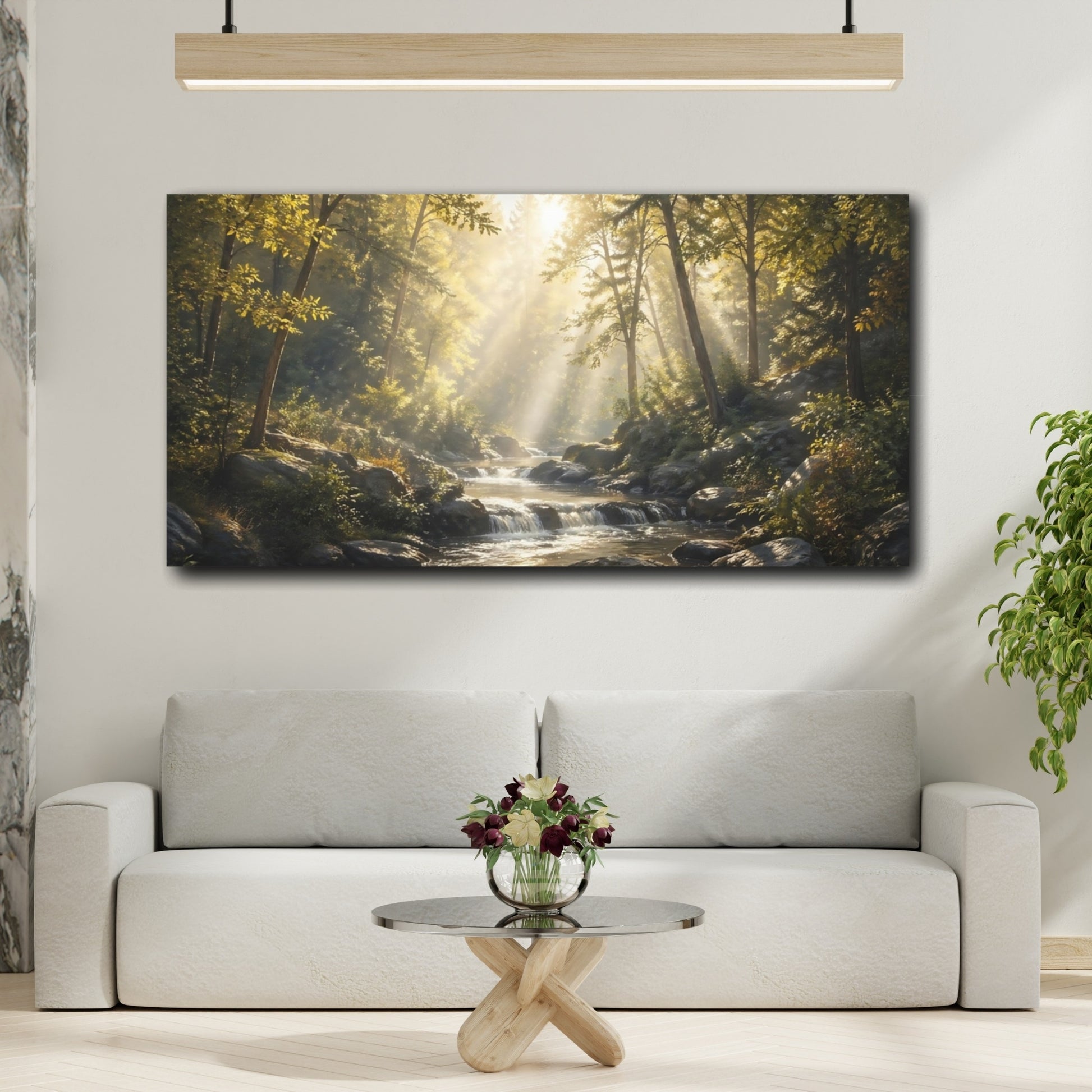 Mockup 3. Nature Forest River Golden Forest Stream shown as stretched canvas wall art