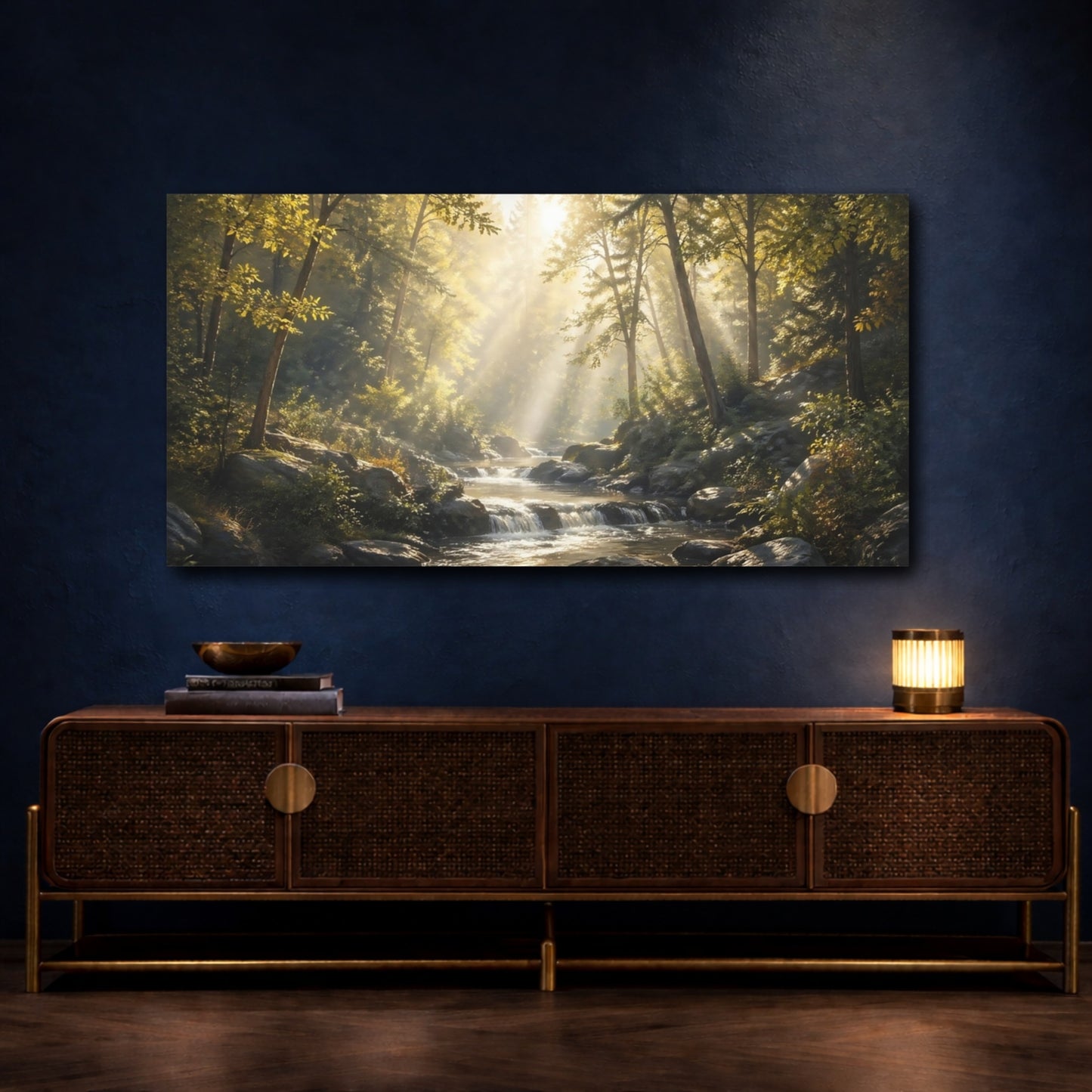 Mockup 4. Nature Forest River Golden Forest Stream shown as stretched canvas wall art