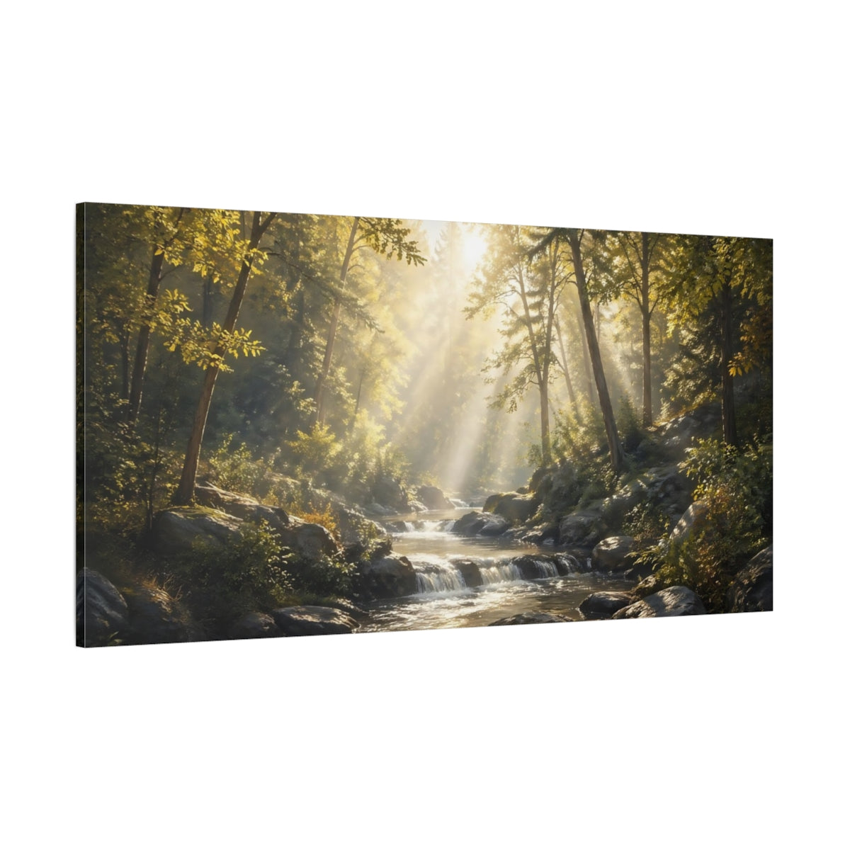 Side Mockup 2. Nature Forest River Golden Forest Stream shown as stretched canvas wall art