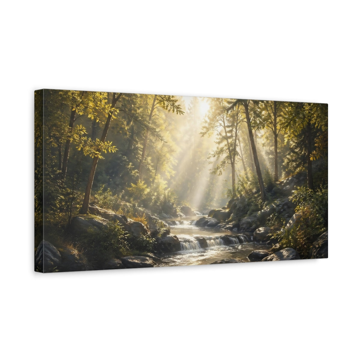 Side Mockup 3. Nature Forest River Golden Forest Stream shown as stretched canvas wall art