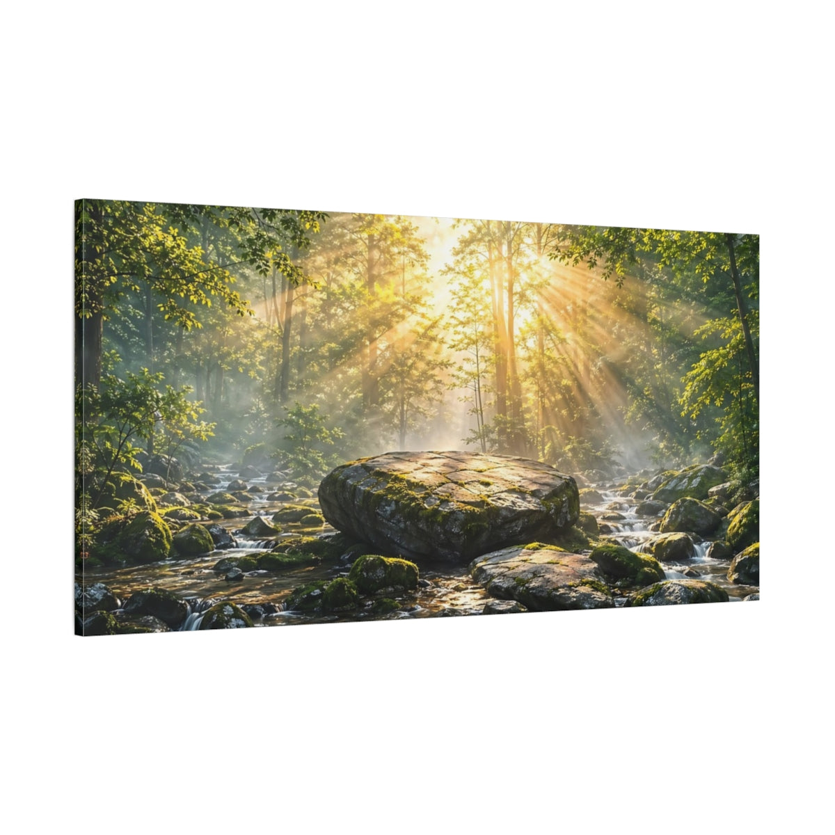 Side Mockup 2. Nature Forest River Green And Gold shown as stretched canvas wall art