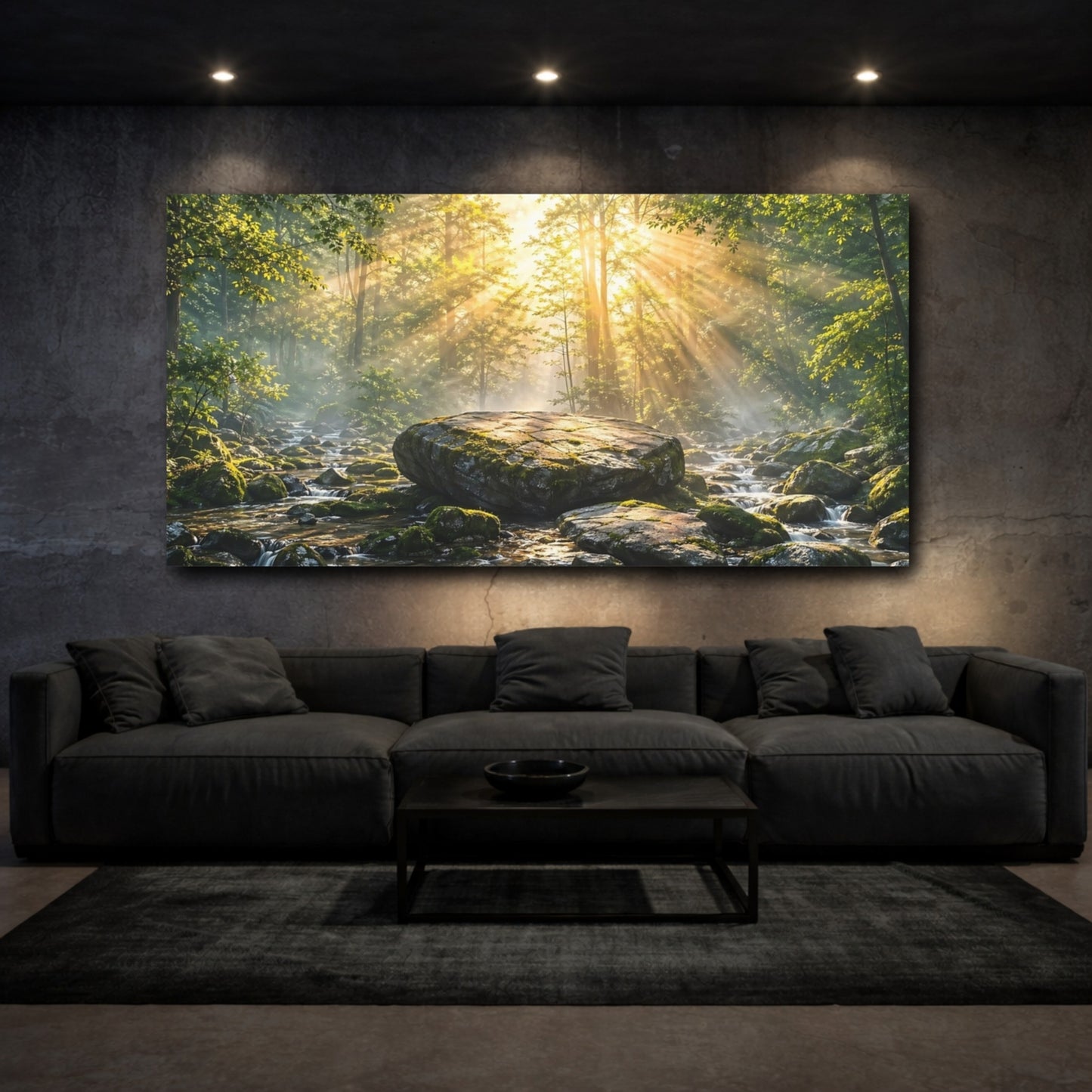 Mockup 2. Nature Forest River Green And Gold shown as stretched canvas wall art