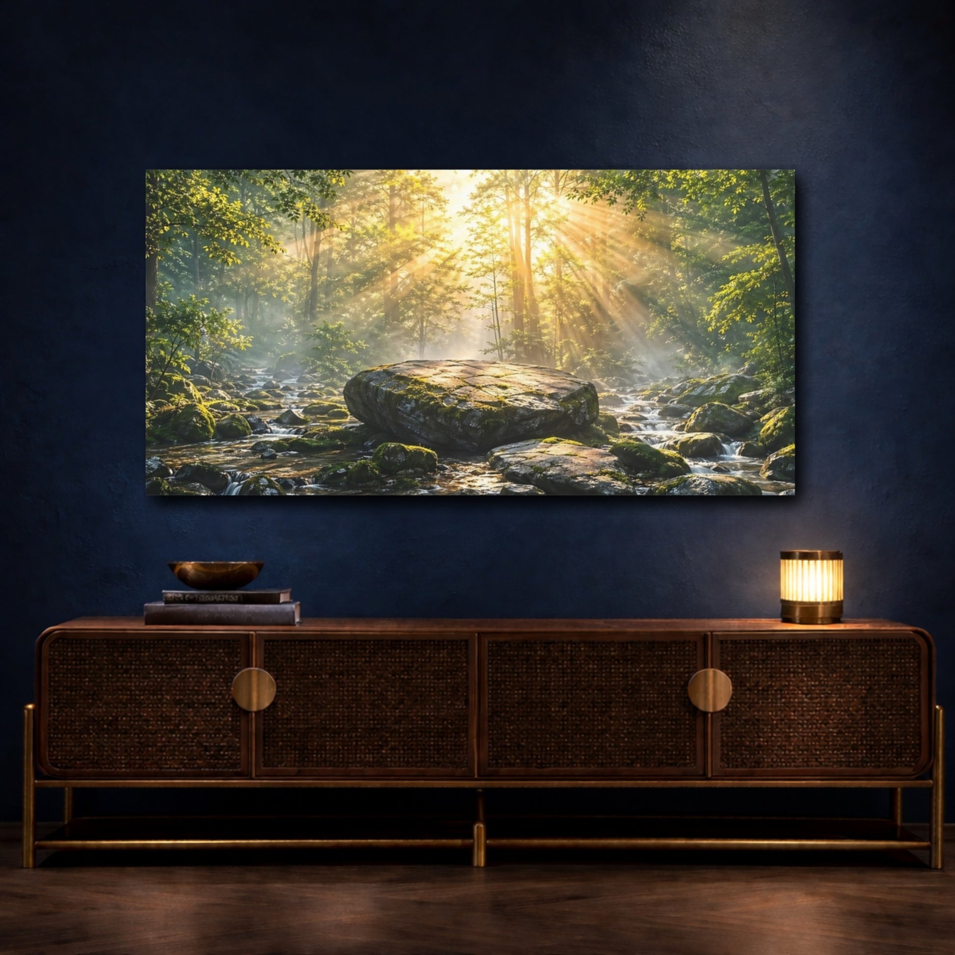 Mockup 3. Nature Forest River Green And Gold shown as stretched canvas wall art
