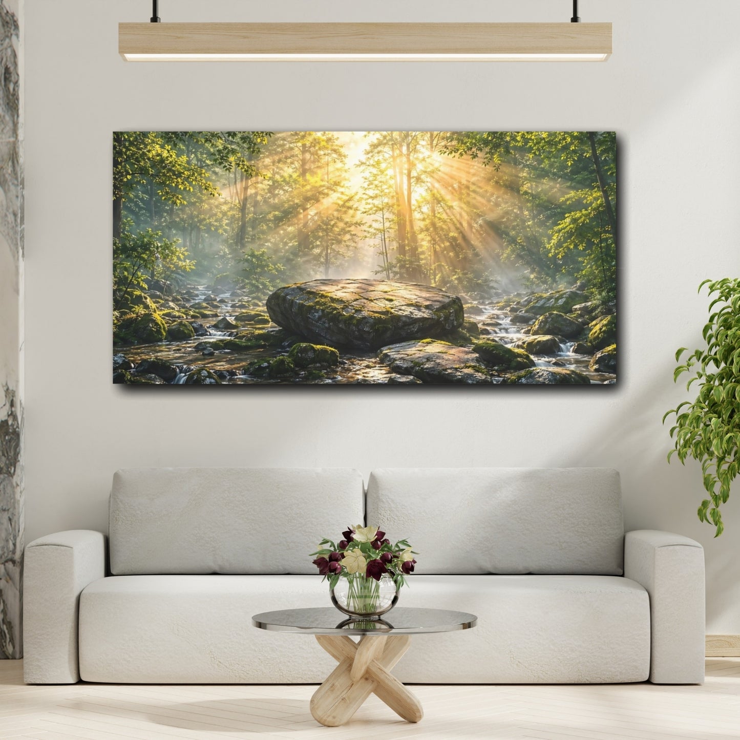 Mockup 4. Nature Forest River Green And Gold shown as stretched canvas wall art