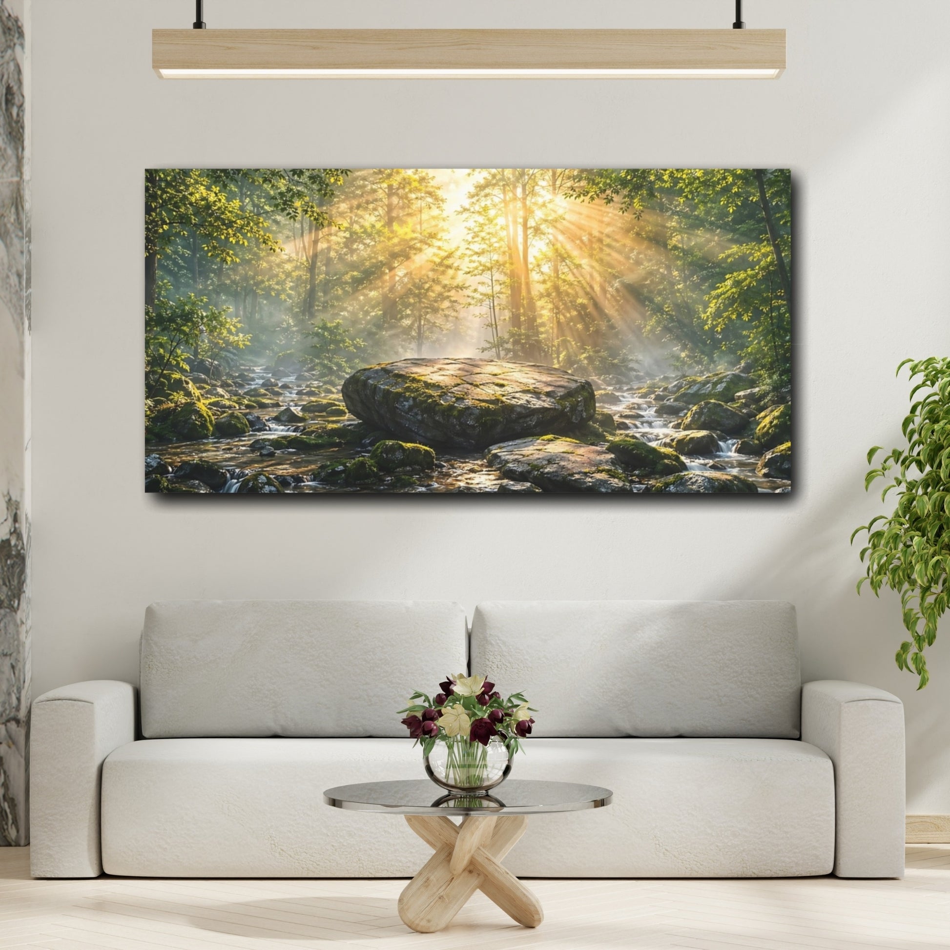 Mockup 4. Nature Forest River Green And Gold shown as stretched canvas wall art