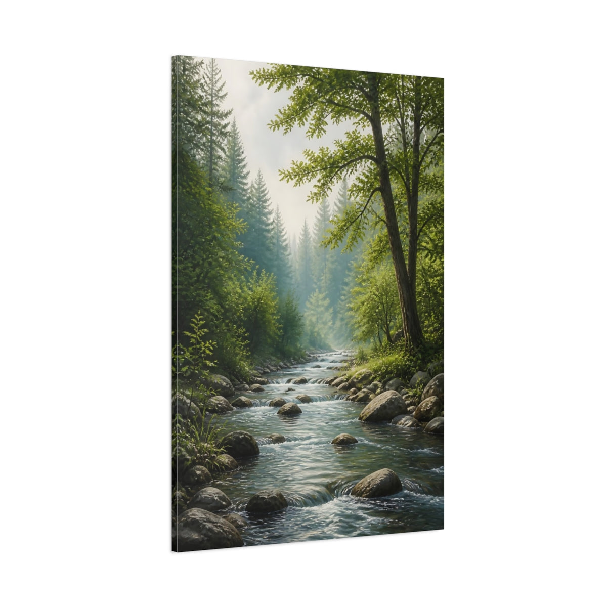 Side Mockup 1. Nature Forest River Green Forest River shown as stretched canvas wall art