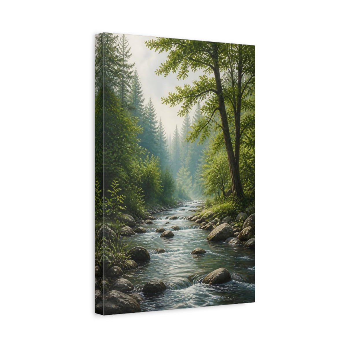 Side Mockup 4. Nature Forest River Green Forest River shown as stretched canvas wall art