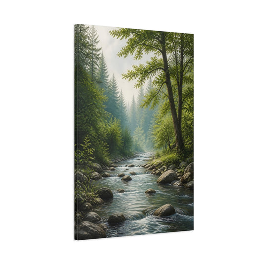 Main Mockup. Nature Forest River Green Forest River shown as stretched canvas wall art