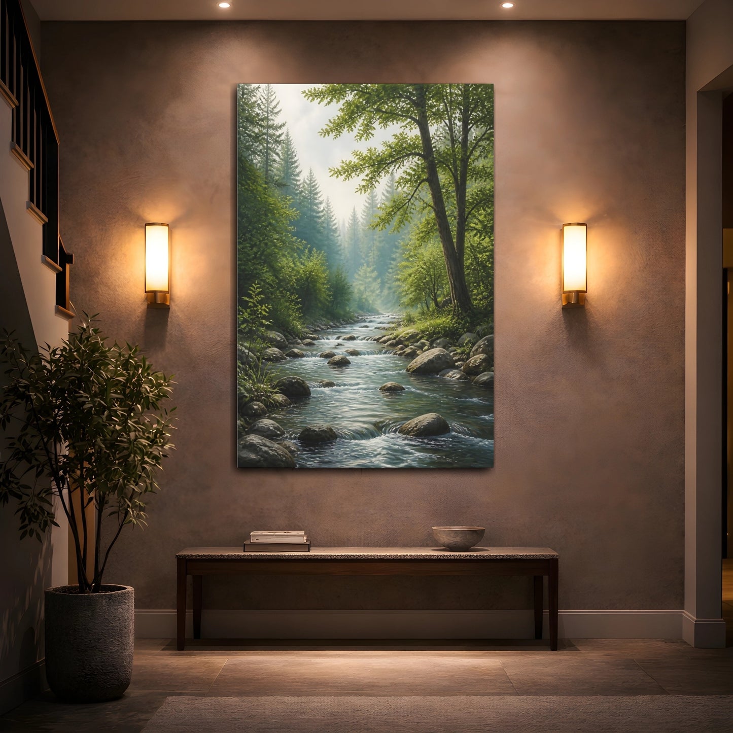 Mockup 2. Nature Forest River Green Forest River shown as stretched canvas wall art