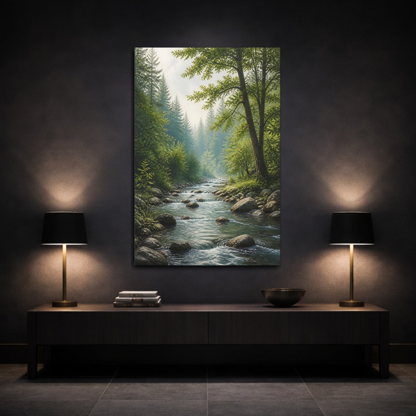 Mockup 3. Nature Forest River Green Forest River shown as stretched canvas wall art