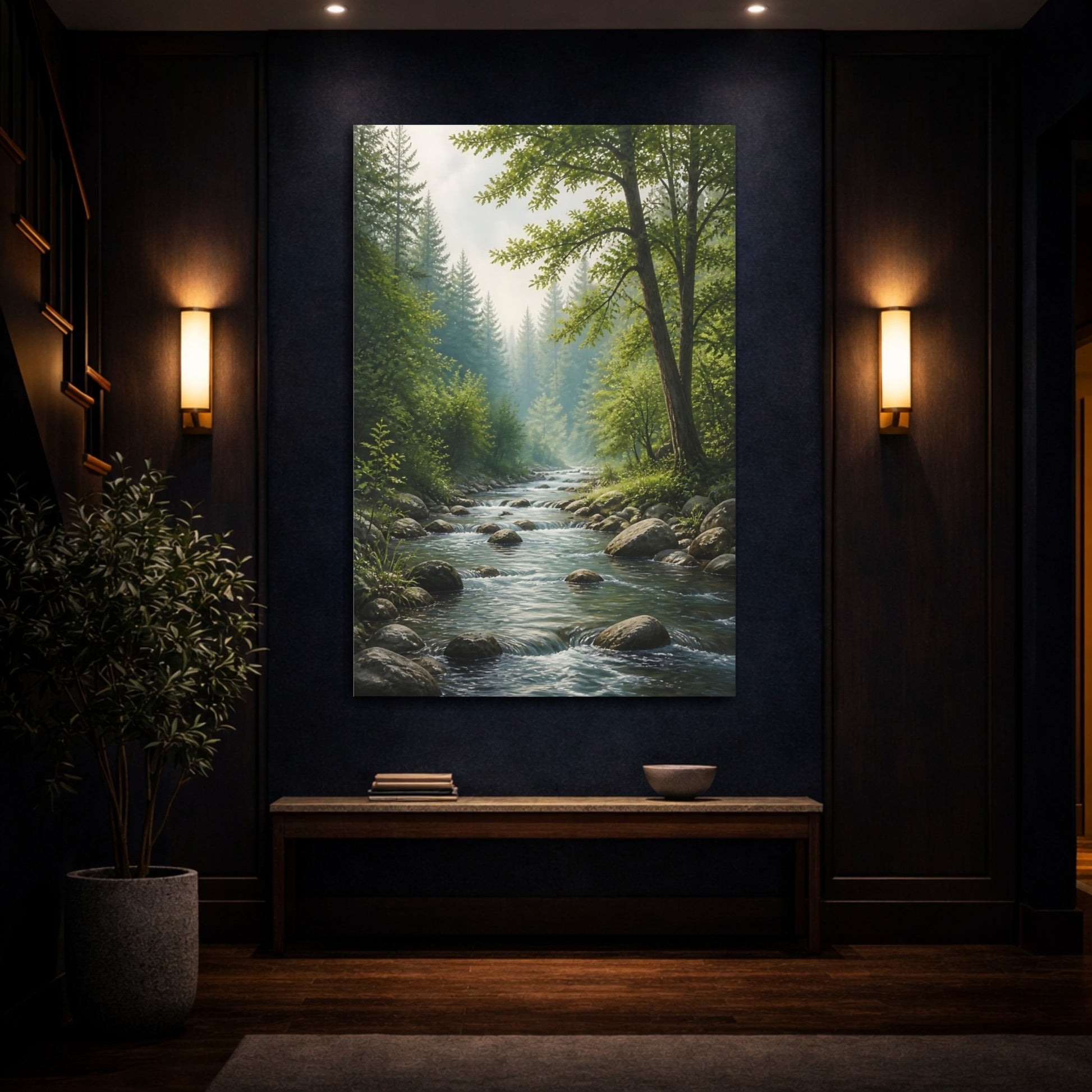Mockup 4. Nature Forest River Green Forest River shown as stretched canvas wall art