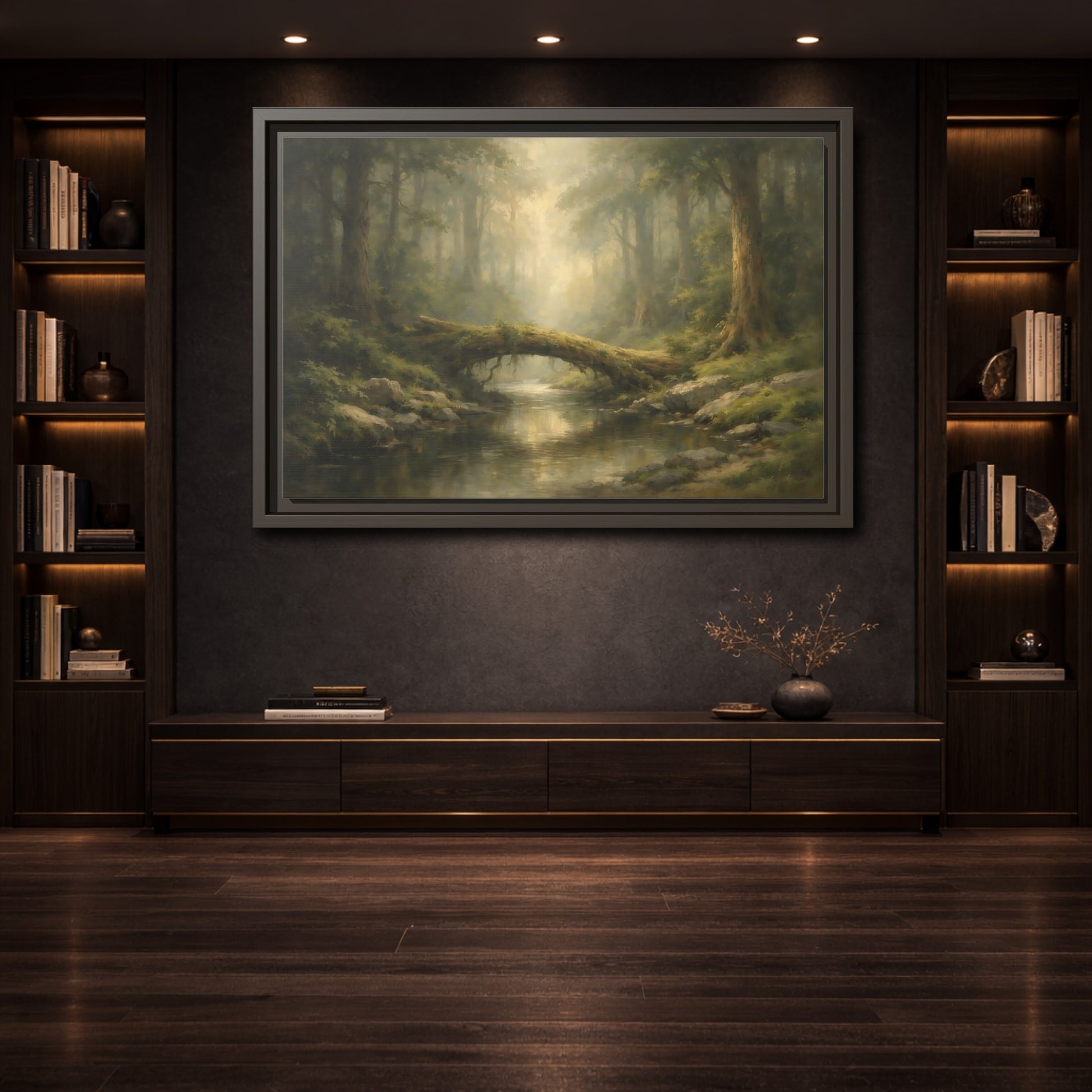 Mockup 3. Nature Forest River Green Forest shown as stretched canvas wall art