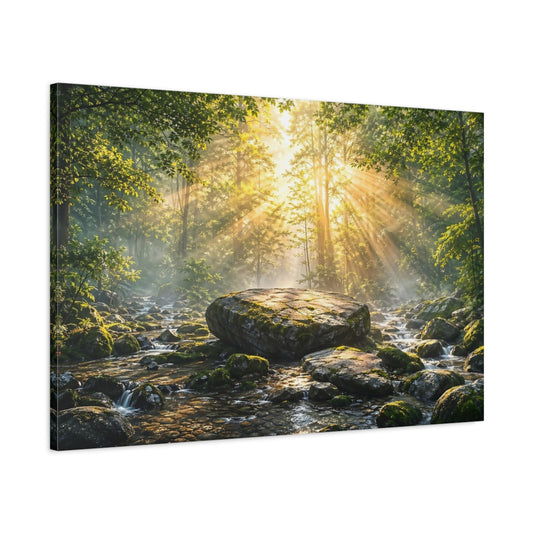 Main Mockup. Nature Forest River Green Forest Sunlight shown as stretched canvas wall art