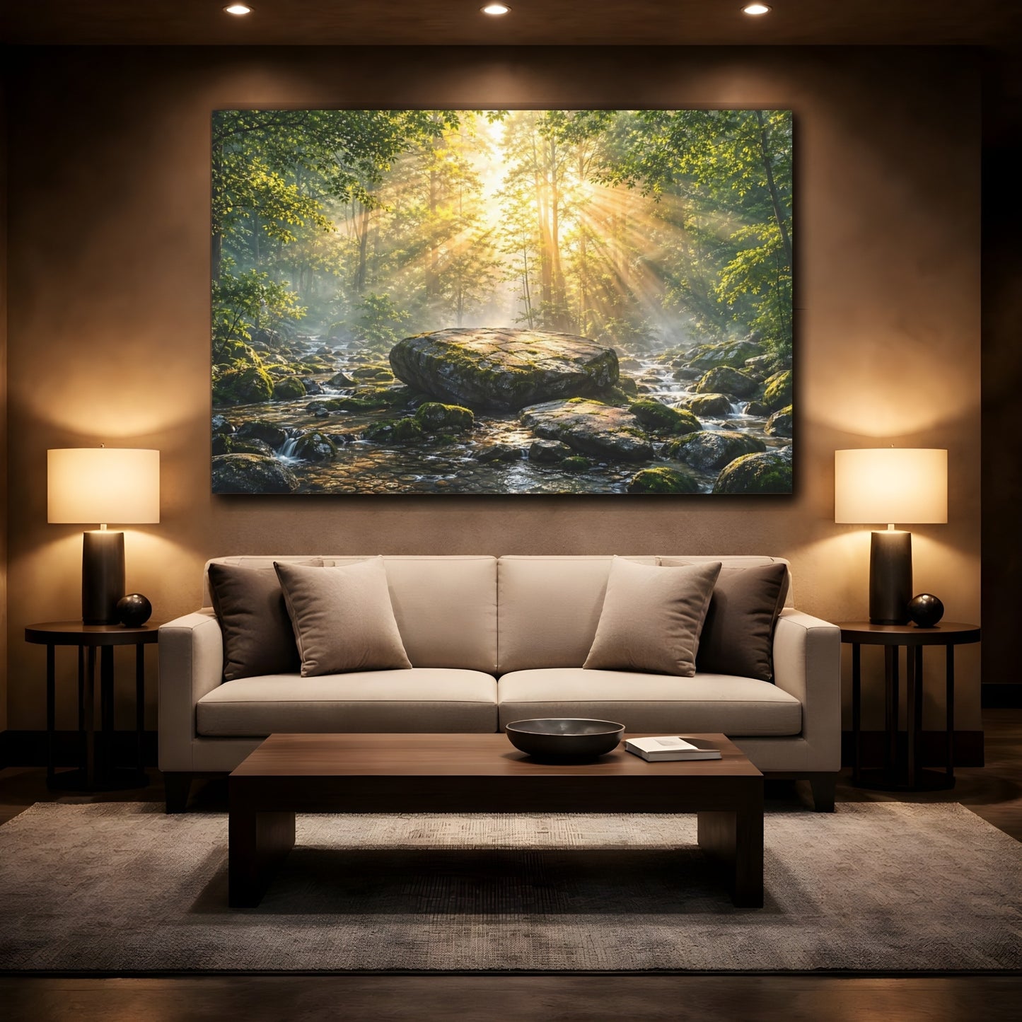 Mockup 2. Nature Forest River Green Forest Sunlight shown as stretched canvas wall art