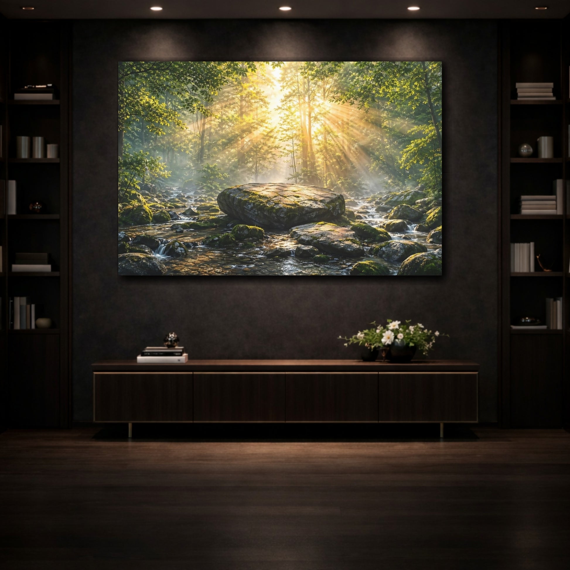 Mockup 3. Nature Forest River Green Forest Sunlight shown as stretched canvas wall art
