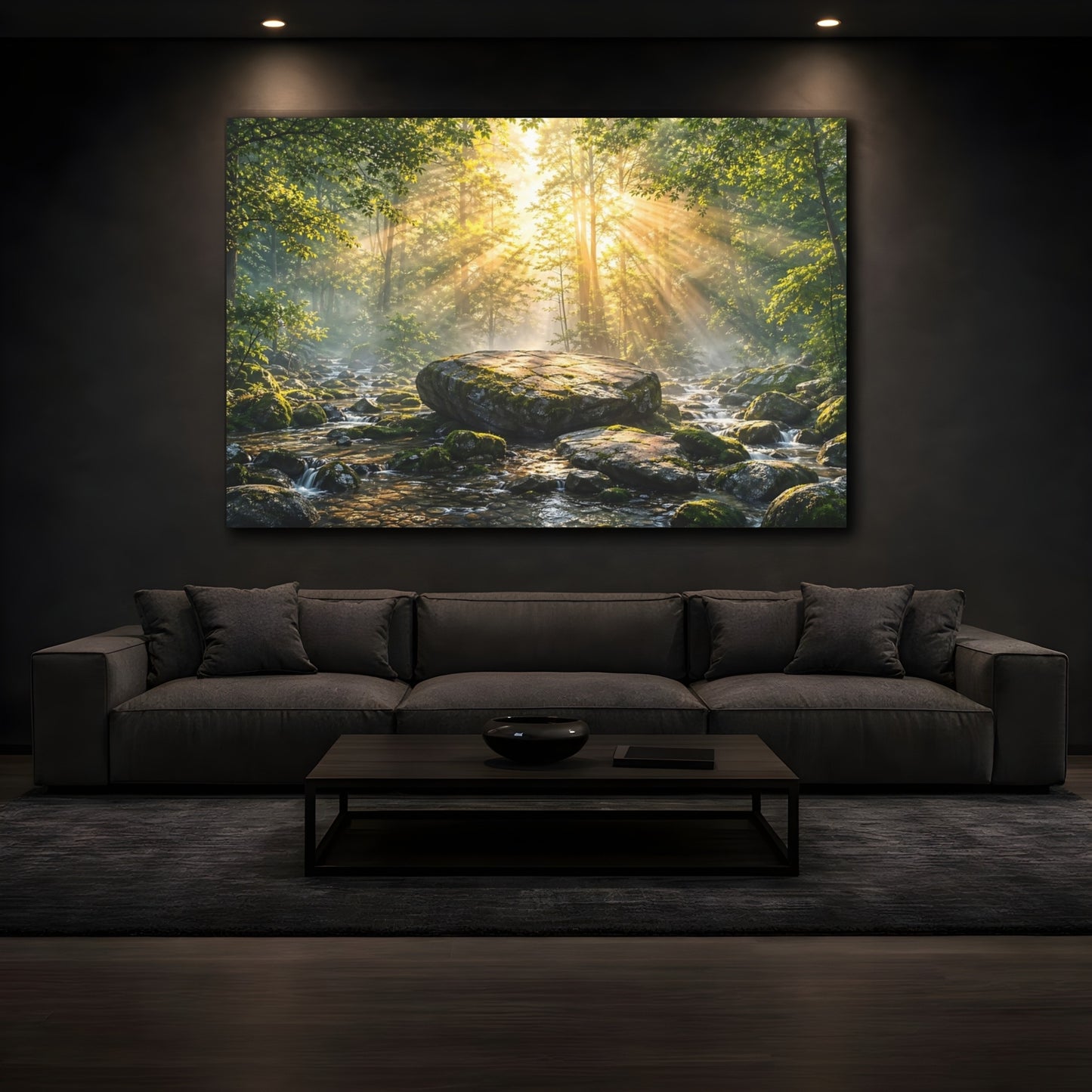 Mockup 4. Nature Forest River Green Forest Sunlight shown as stretched canvas wall art