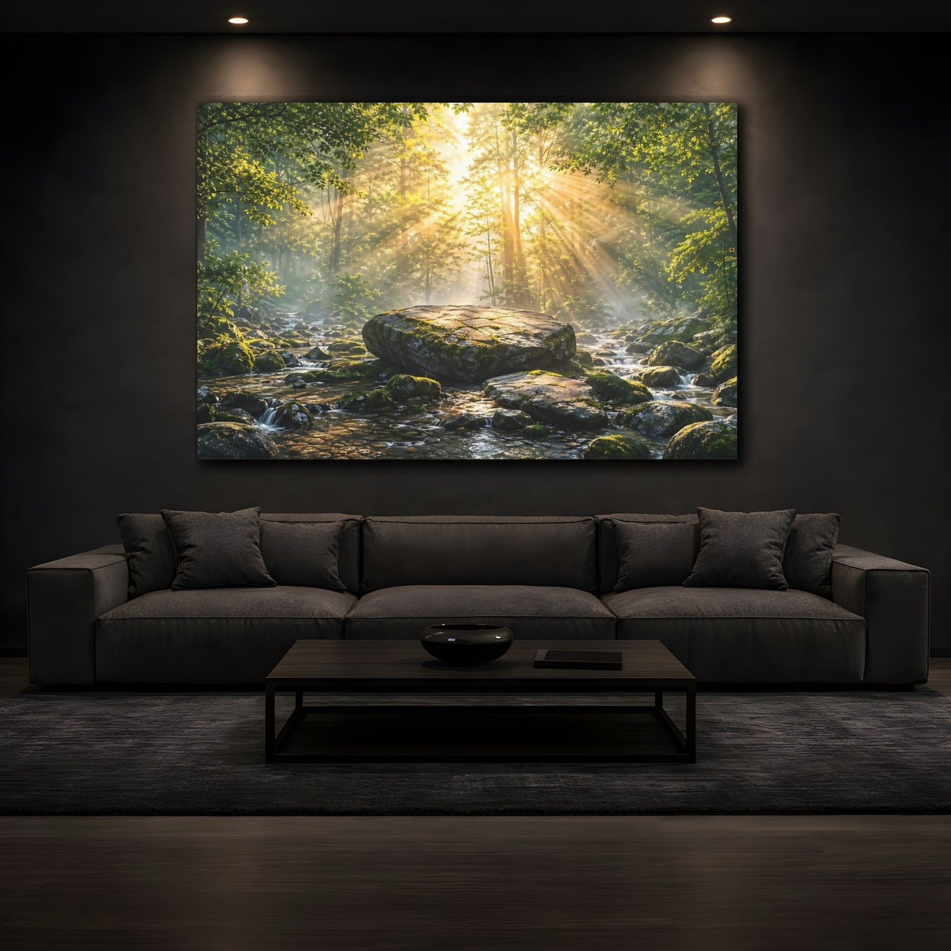 Mockup 4. Nature Forest River Green Forest Sunlight shown as stretched canvas wall art