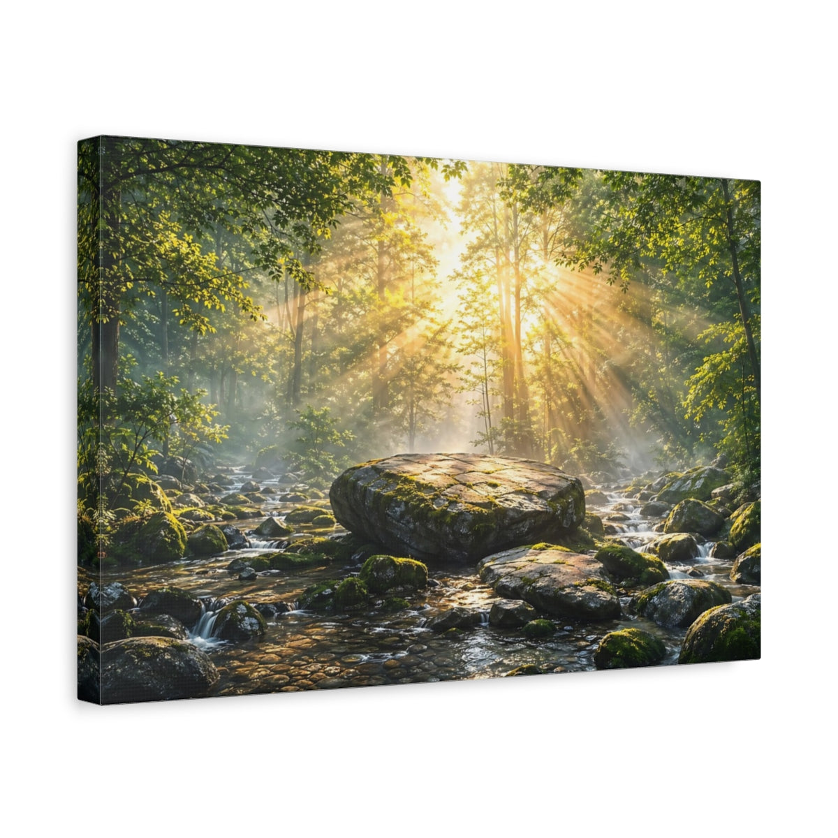 Side Mockup 4. Nature Forest River Green Forest Sunlight shown as stretched canvas wall art