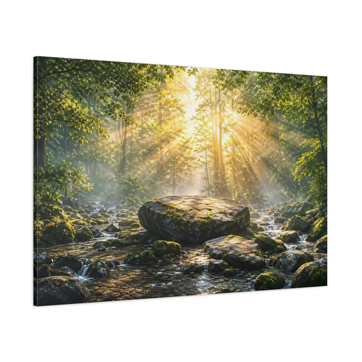 Side Mockup 1. Nature Forest River Green Forest Sunlight shown as stretched canvas wall art