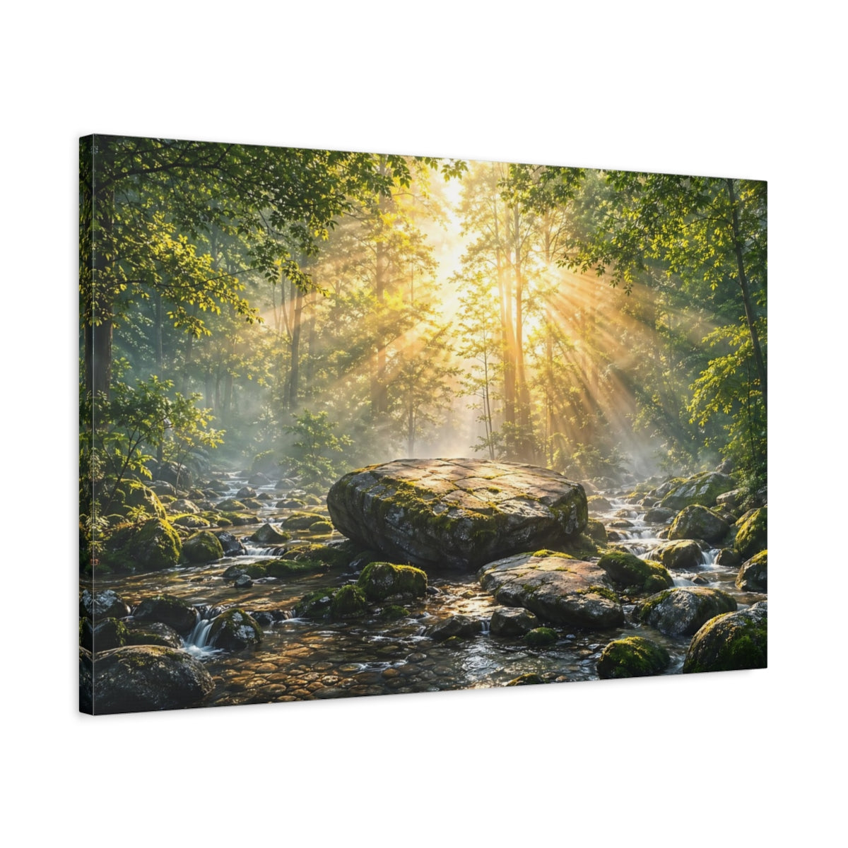 Side Mockup 2. Nature Forest River Green Forest Sunlight shown as stretched canvas wall art