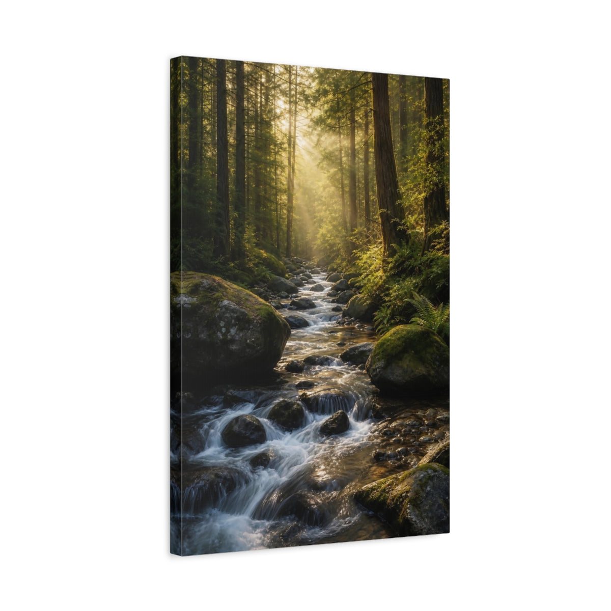 Side Mockup 3. Nature Forest River Sunlit Forest shown as stretched canvas wall art