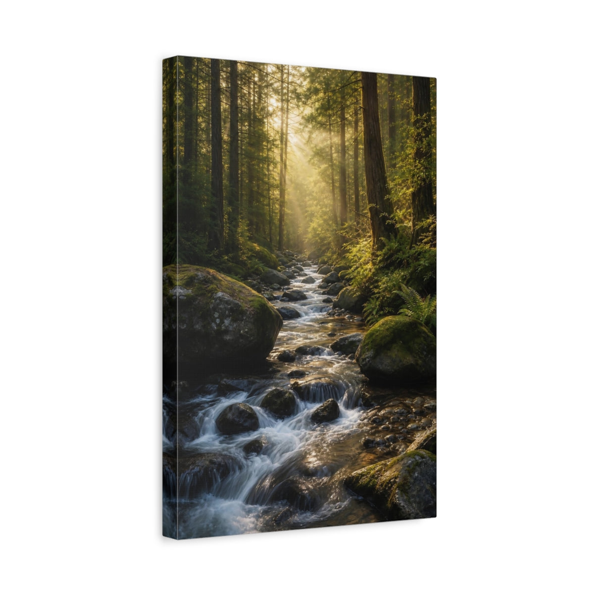 Side Mockup 4. Nature Forest River Sunlit Forest shown as stretched canvas wall art