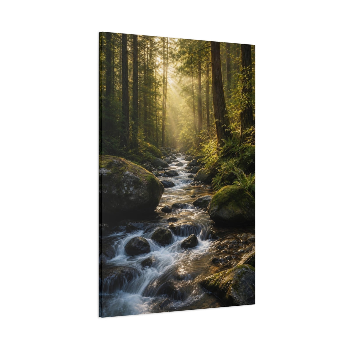 Side Mockup 1. Nature Forest River Sunlit Forest shown as stretched canvas wall art