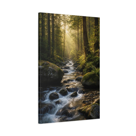 Main Mockup. Nature Forest River Sunlit Forest shown as stretched canvas wall art