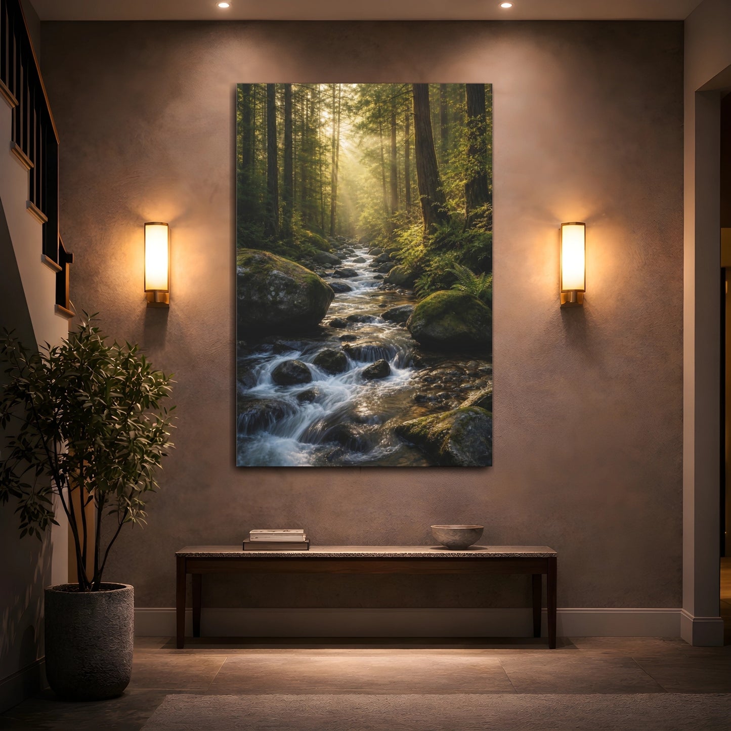 Mockup 2. Nature Forest River Sunlit Forest shown as stretched canvas wall art